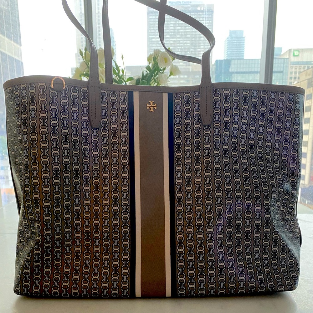 Tory Burch Black and Brown Signature Stripe Tote